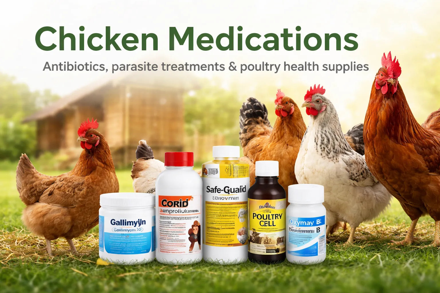 Chicken medications collection featuring poultry treatments for respiratory infections, parasites, and flock health support