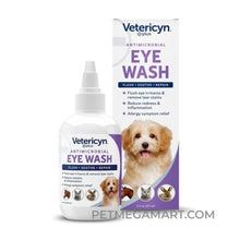 Vetericyn Plus Antimicrobial Eye Wash 3 fl oz bottle and box, a dog eye wash for flushing irritants and tear stains