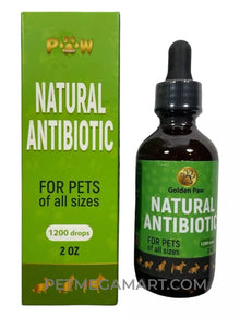 Golden Paw Natural Antibiotic 2 oz box and dropper bottle for pets of all sizes