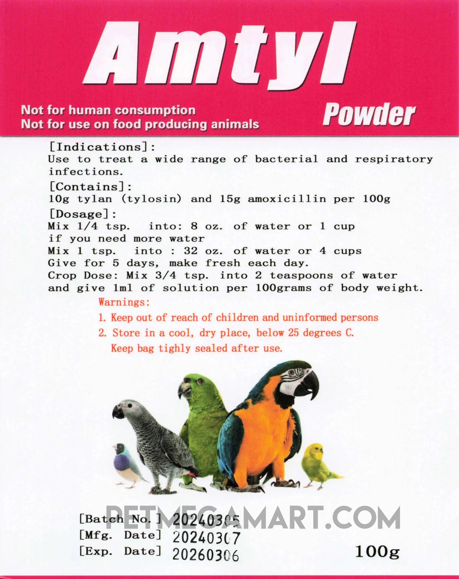 Amtyl broad spectrum antibiotic powder for birds with amoxicillin and tylosin