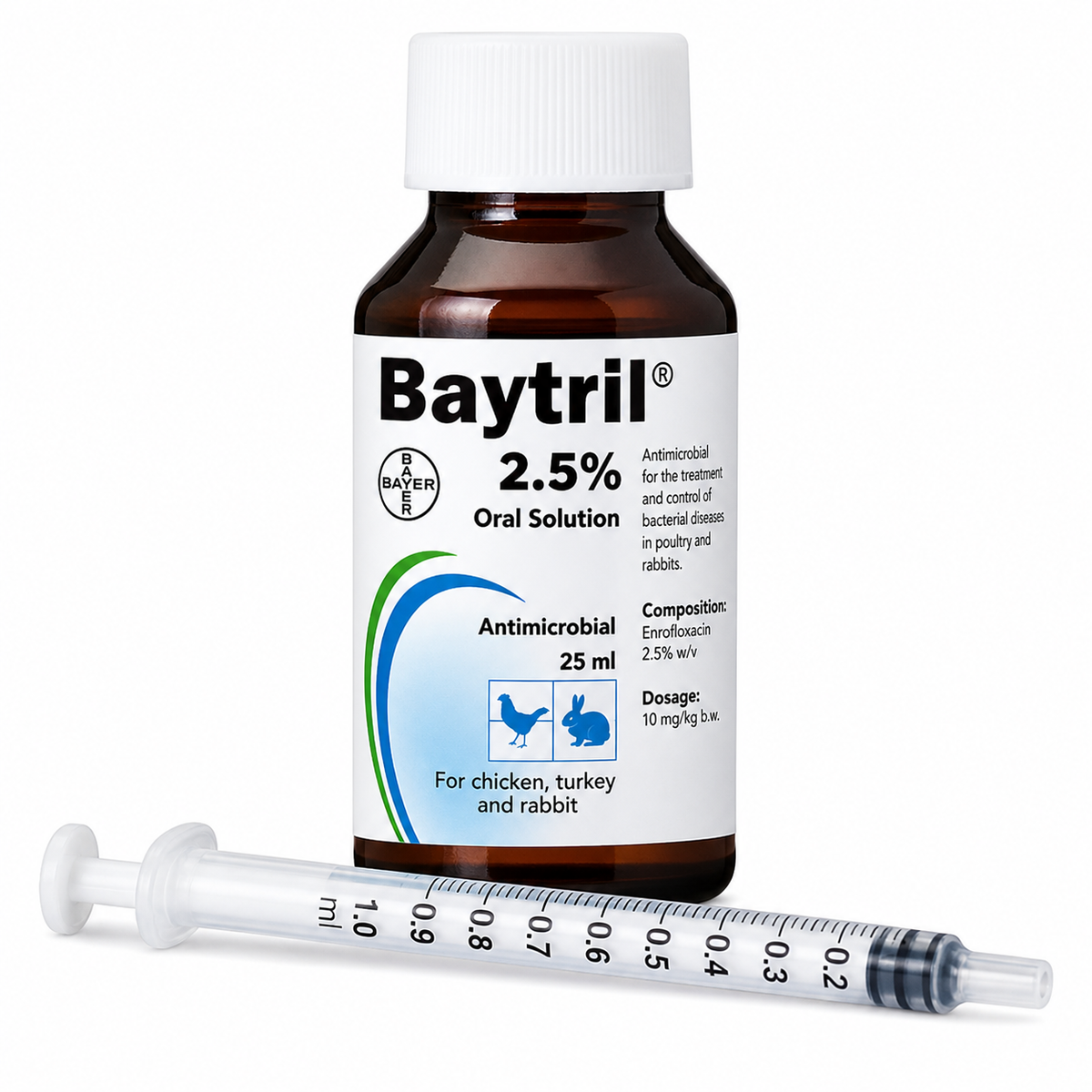Baytril 2.5% oral solution bottle for birds (enrofloxacin veterinary antibiotic)