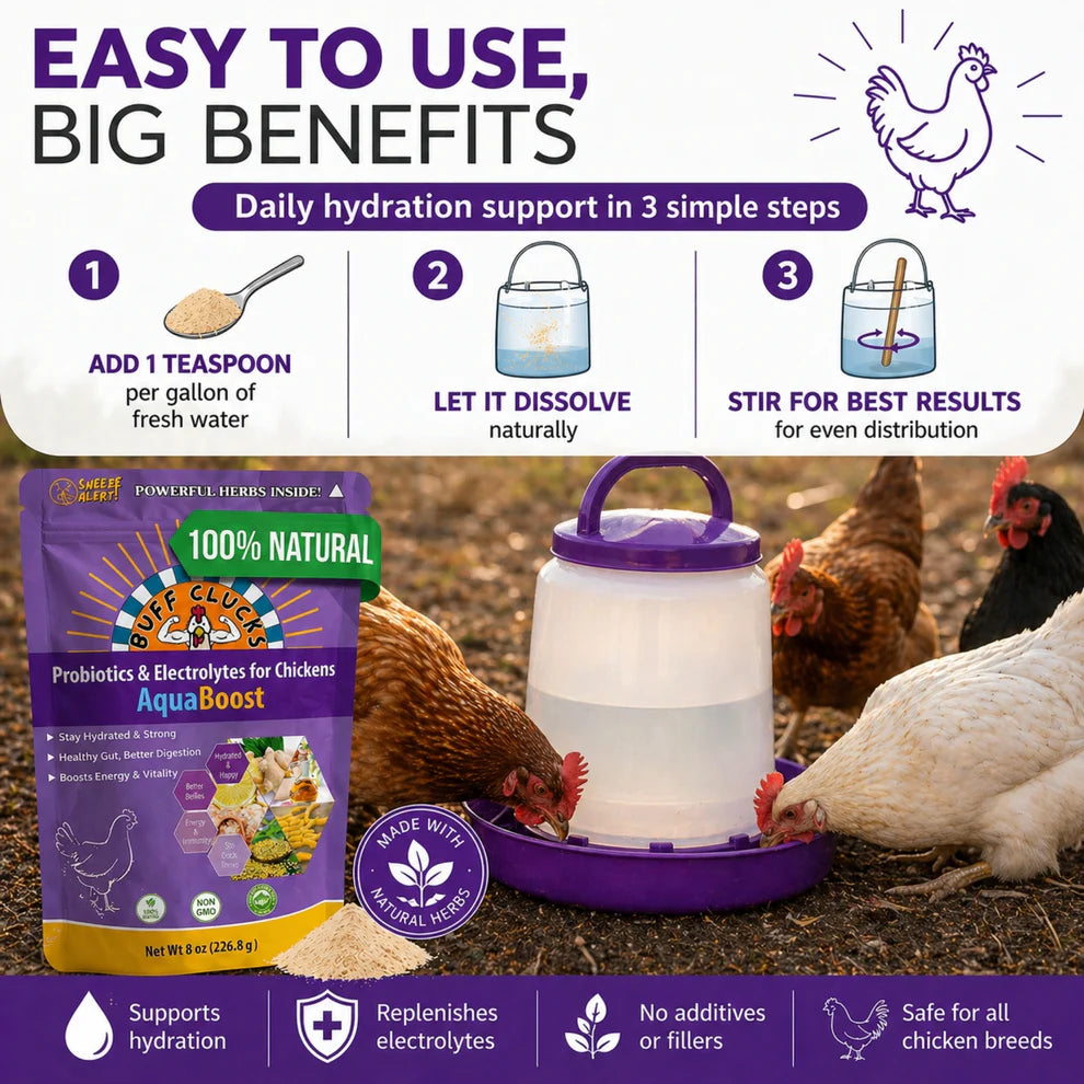 Buff Clucks AquaBoost Electrolytes & Probiotics for Chickens
