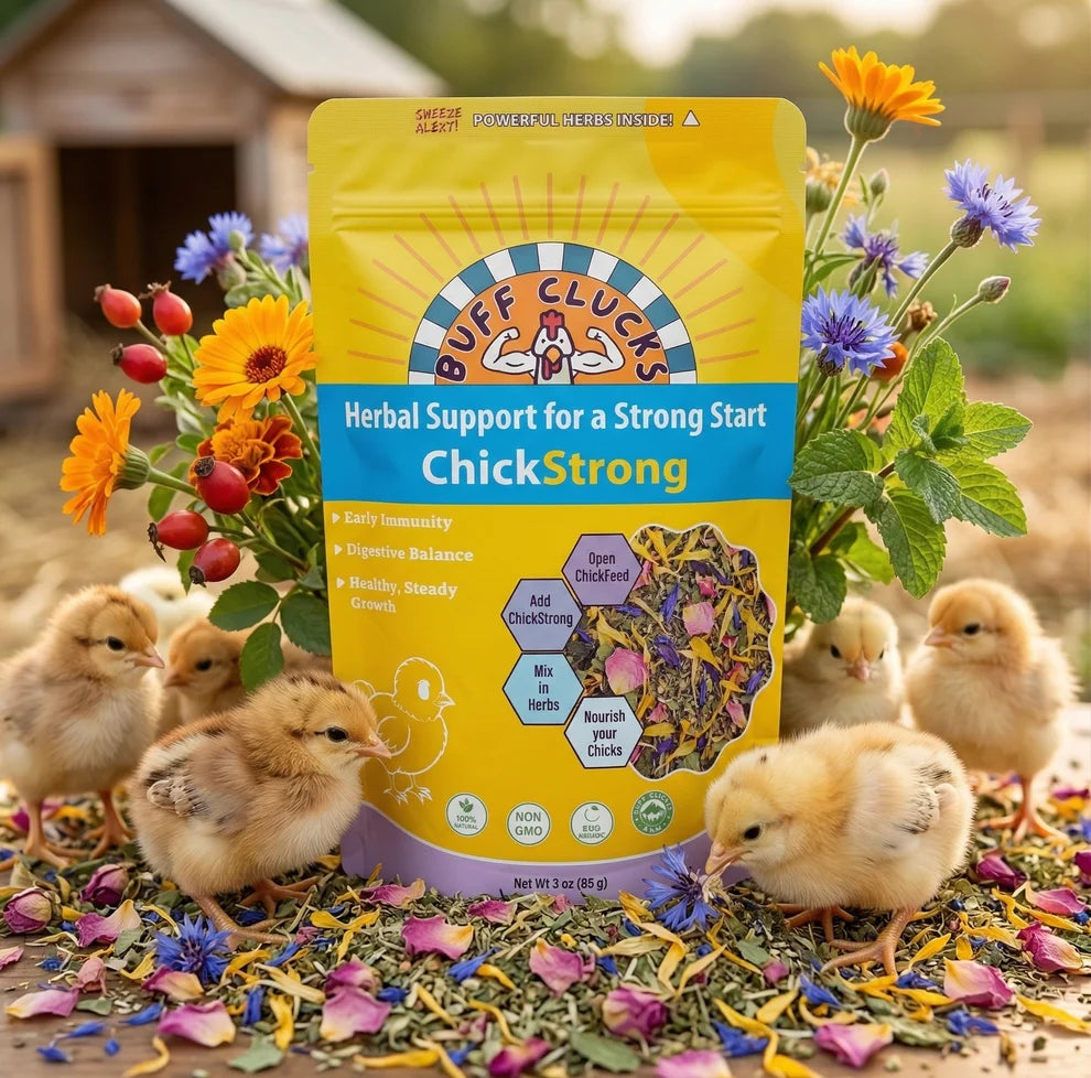 Buff Clucks ChickStrong fine-cut herbal supplement for baby chicks in a yellow resealable pouch