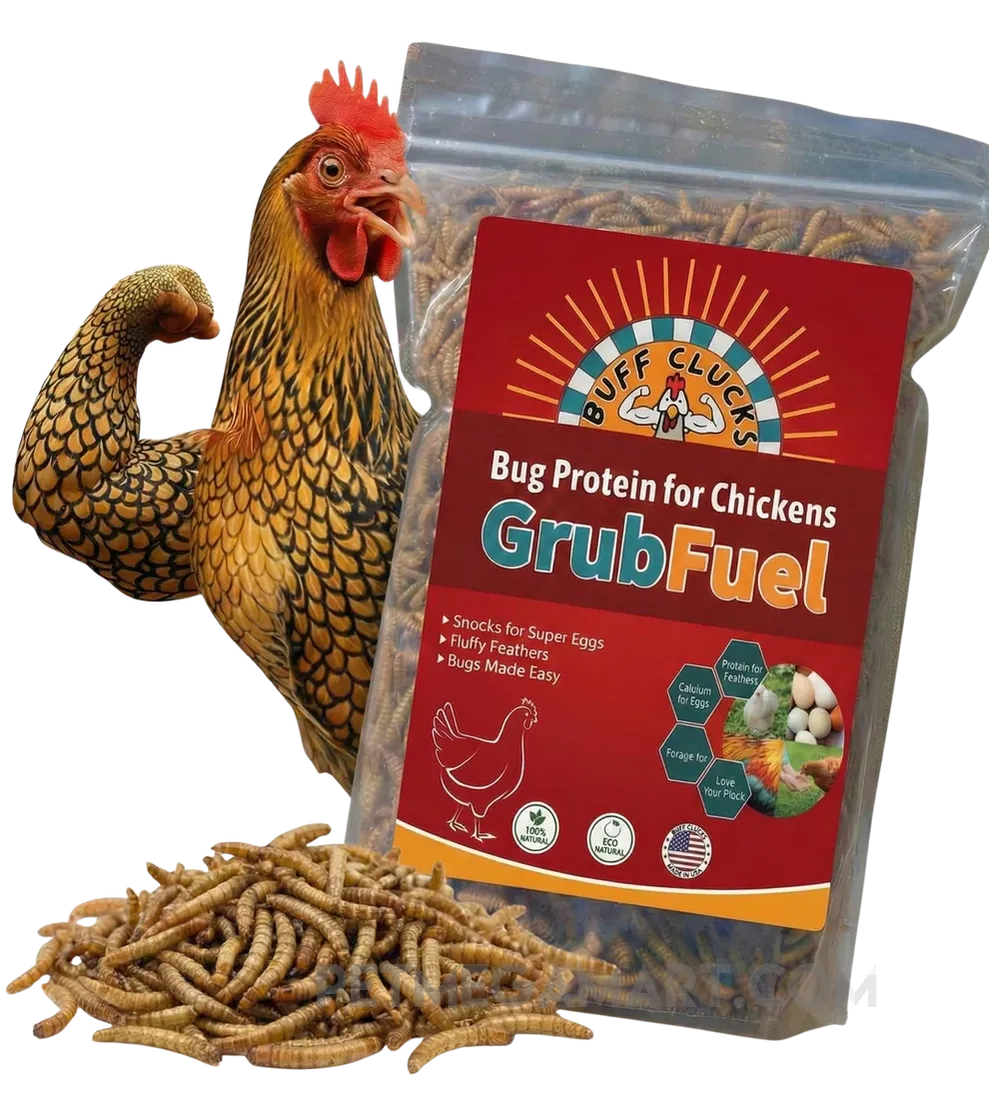Buff Clucks GrubFuel black soldier fly larvae treat for chickens in a 1 lb resealable bag