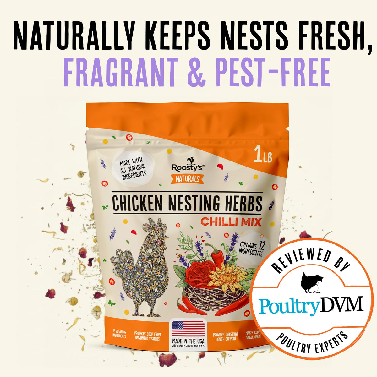 Chicken Nesting Herbs Chili Mix 1 lb pouch for nesting boxes