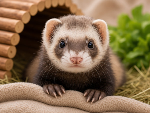 Pet ferret peeking over a fleece blanket, for the enrofloxacin 2.5% oral solution for ferrets page