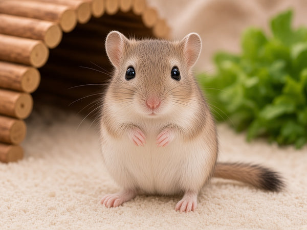 Pet gerbil standing upright on sandy bedding, for the enrofloxacin 2.5% oral solution for gerbils page