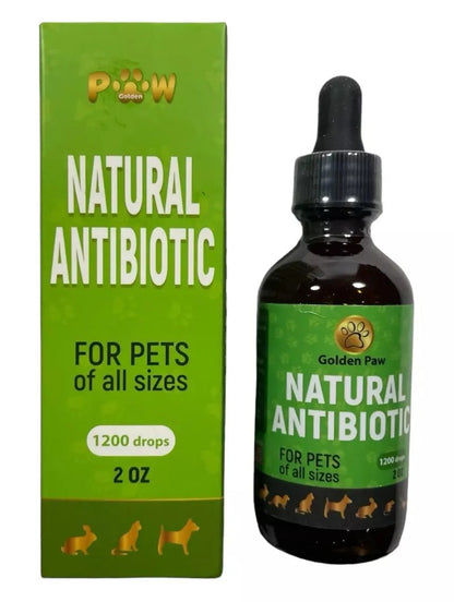 Golden Paw Natural Antibiotic 2 oz box and dropper bottle for pets of all sizes