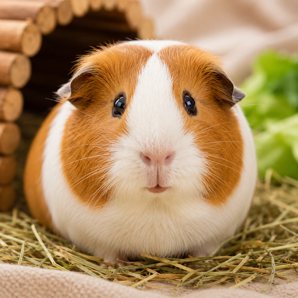 Pet guinea pig on hay, for the enrofloxacin 2.5% oral solution for guinea pigs page