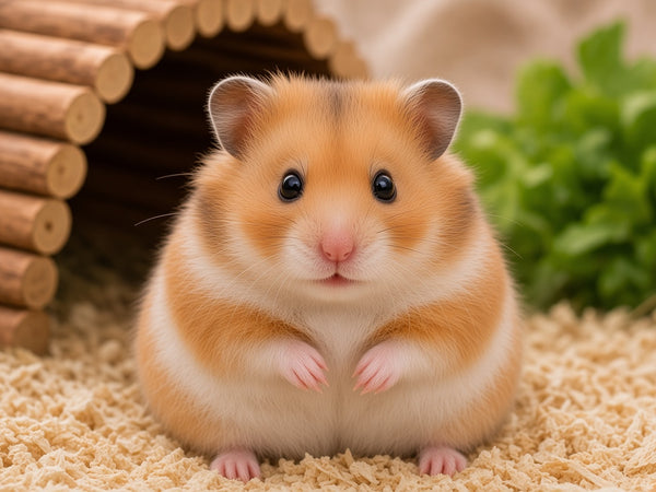 Pet golden hamster sitting on wood shavings, for the enrofloxacin 2.5% oral solution for hamsters page