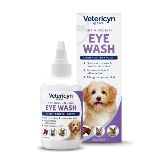 Vetericyn Plus Antimicrobial Eye Wash 3 fl oz bottle and box, a dog eye wash for flushing irritants and tear stains