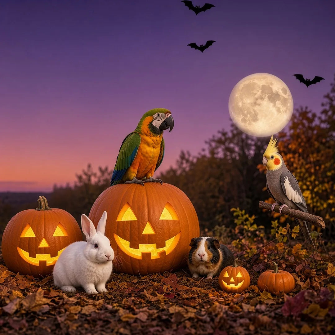 Halloween pets: macaw on jack-o'-lantern, cockatiel, bunny and guinea pig under a full moon