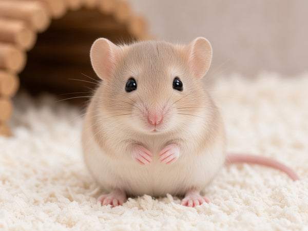 Pet mouse sitting on white bedding, for the enrofloxacin 2.5% oral solution for mice page