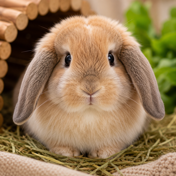 Pet rabbit sitting on hay, for the enrofloxacin 2.5% oral solution for rabbits page