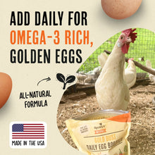White hen beside an open Roosty’s Gold Dust pouch promoting daily use for omega-3-rich golden eggs