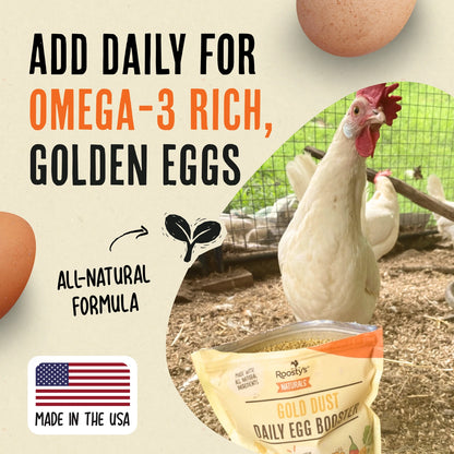 White hen beside an open Roosty’s Gold Dust pouch promoting daily use for omega-3-rich golden eggs