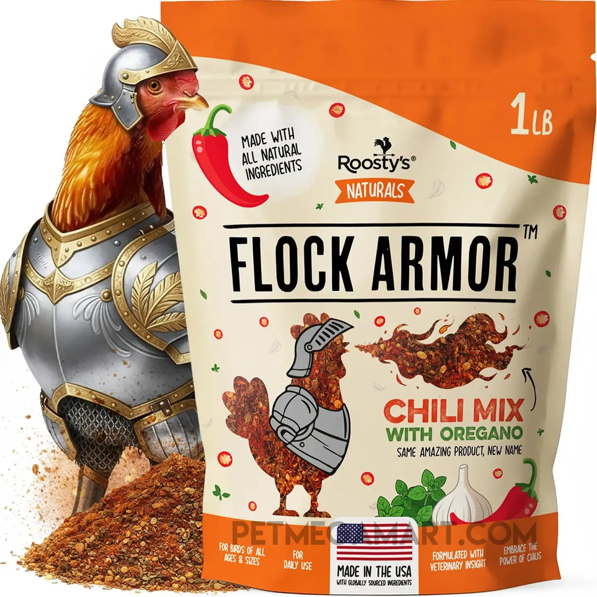 Roosty’s Flock Armor natural chili mix with oregano for chicken gut health and daily worm defense support