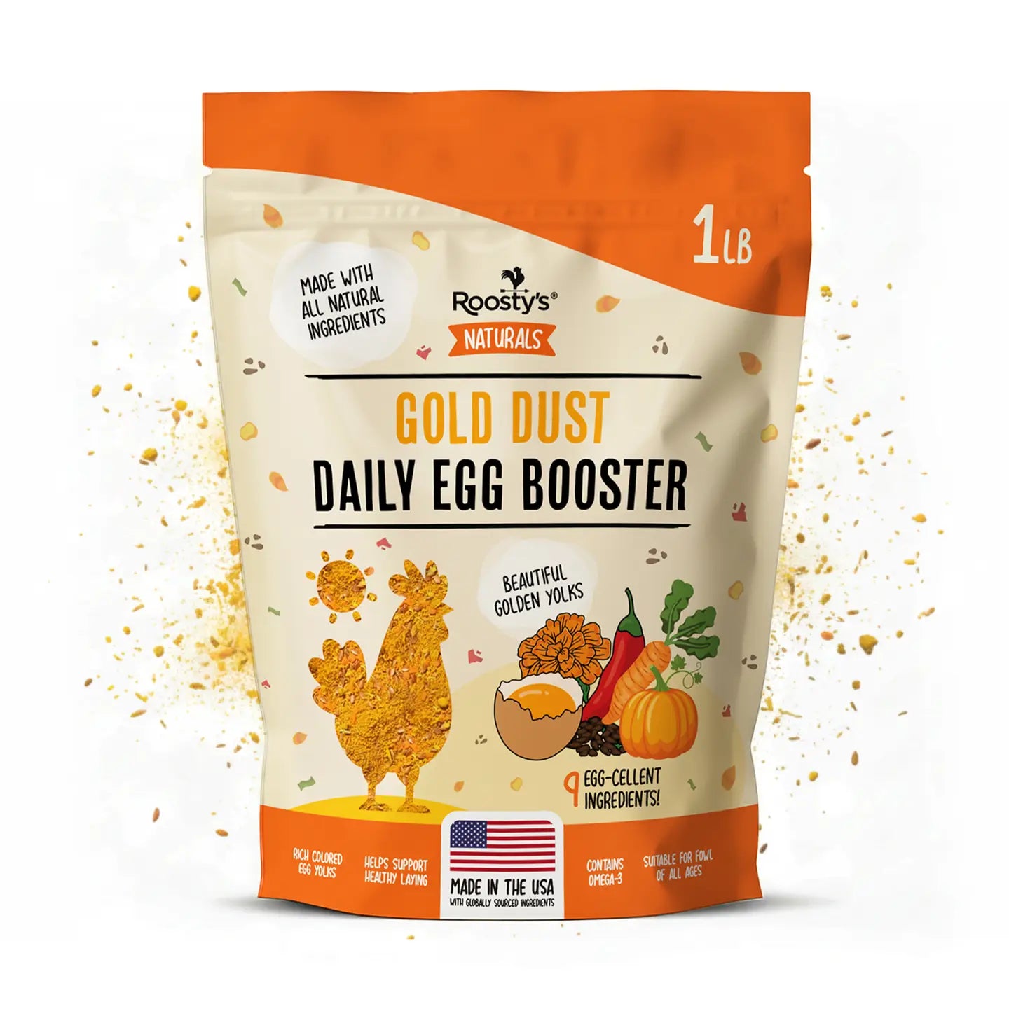Roosty’s Gold Dust Daily Egg Booster for omega-3-rich golden eggs with all-natural formula