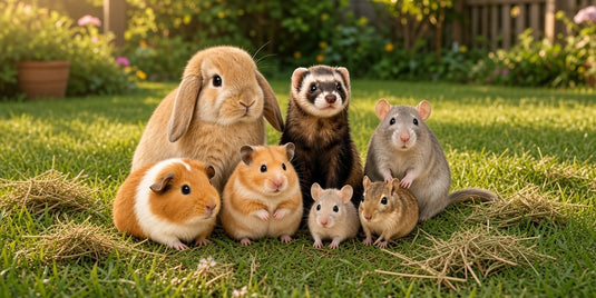 Rabbit, ferret, rat, guinea pig, hamster, gerbil and mouse together on sunny grass