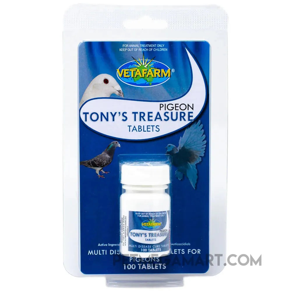 Tony's Treasures for treatment of respiratory distress, canker, sinusitis, air sacculitis, enteritis, diarrhoea and weight loss in pigeons 100 tablets