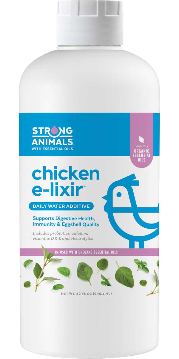 Strong Animals Chicken E-Lixir daily water additive, 32 fl oz bottle of chicken vitamins with oregano essential oil