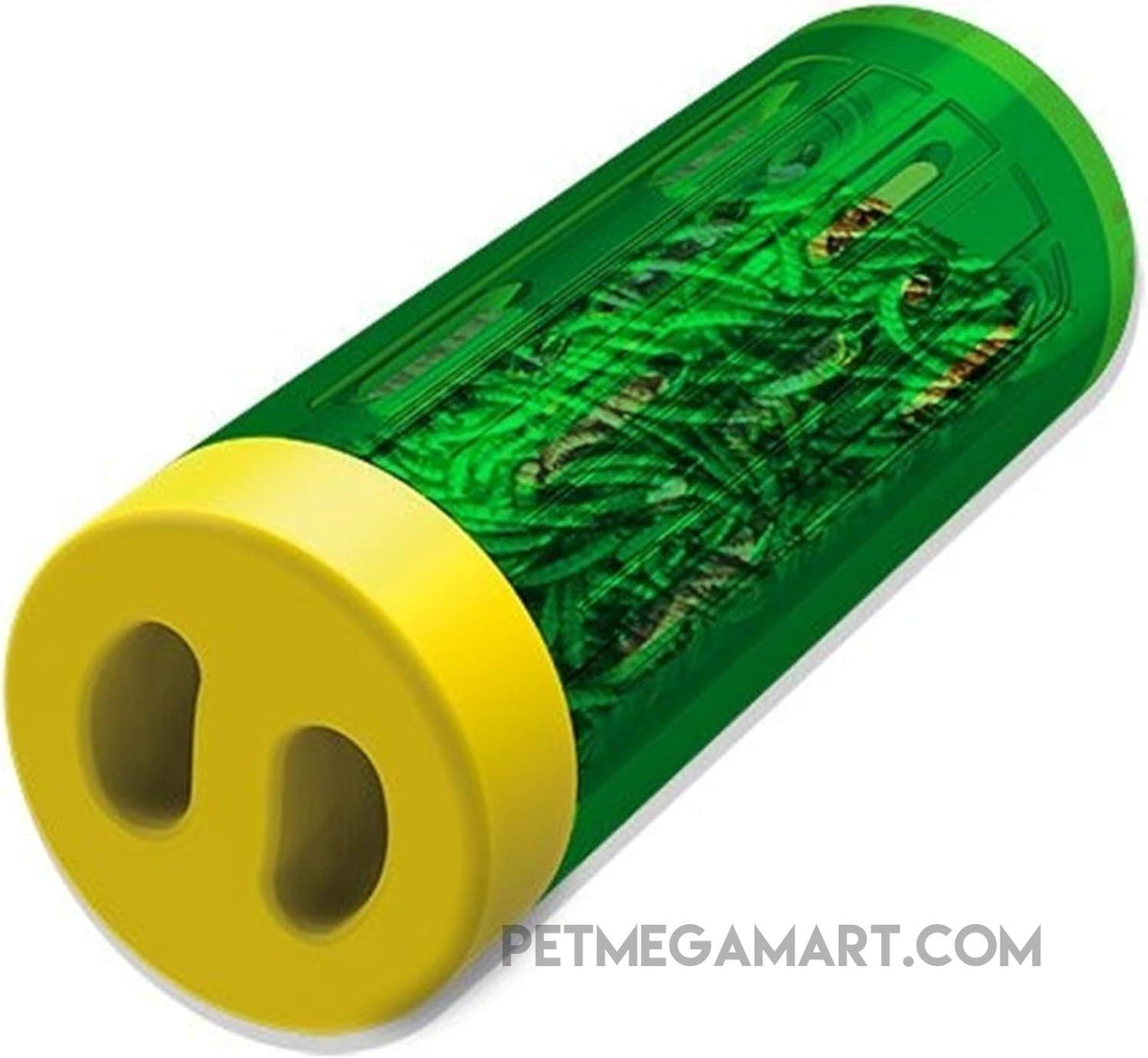 Ware Chicken Treat Roller filled with dried mealworms, green cylinder with yellow slotted cap